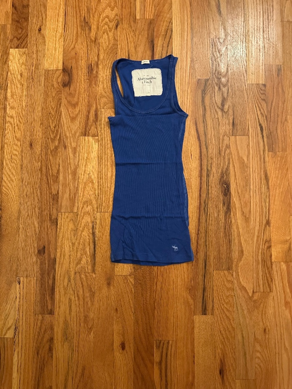 Abercrombie & Fitch XS Blue Stretch Ribbed Long Tank Top Moose Logo Y2K